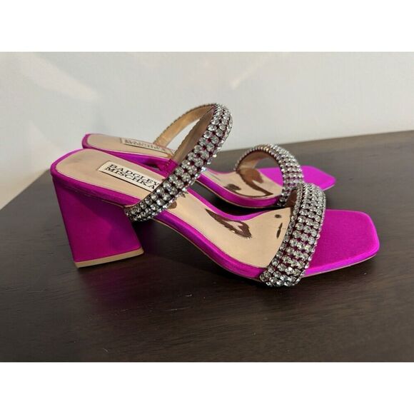 Badgley Mischka Women's Frankie Jeweled Band Heels Sandals 7.5 Fuchsia Satin - Picture 4 of 8